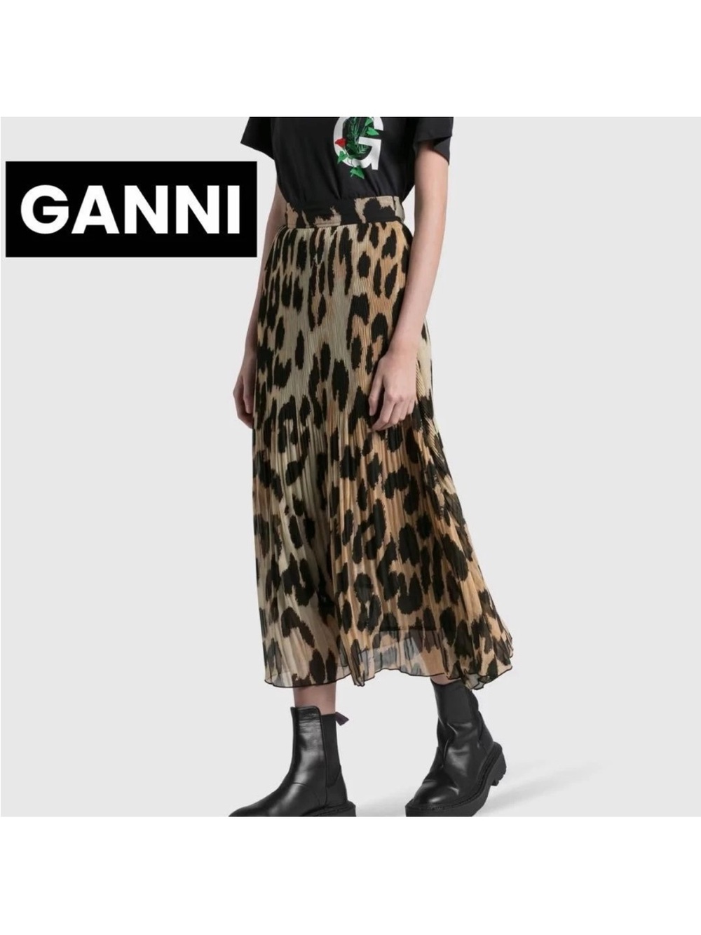 GANNI Pleated Leopard Print Georgette maxi Skirt 40/L NWT